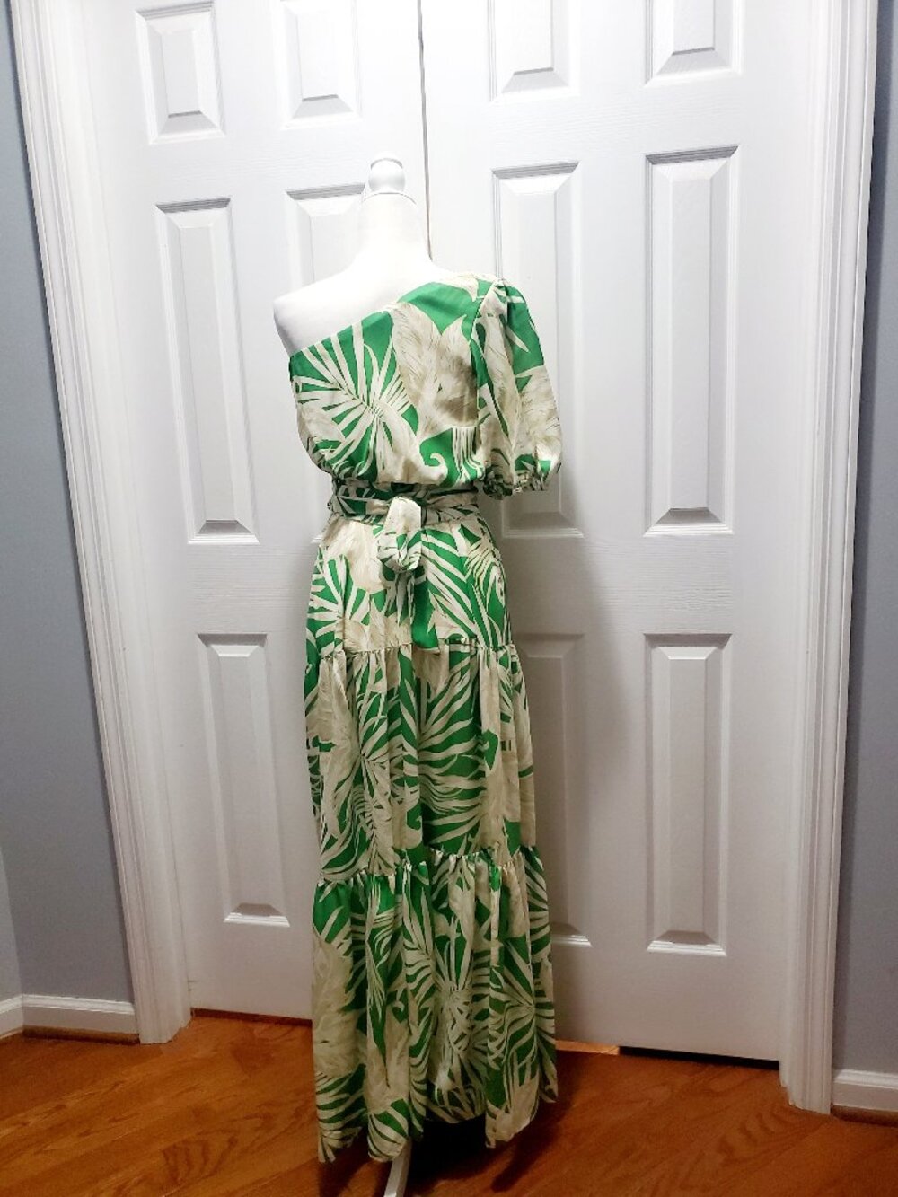 AURA One Shoulder Tropical Maxi Dress Green Palm Print Resort Size M Hawaiian - Picture 3 of 13